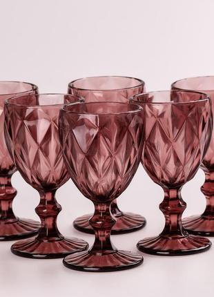 Келих для вина фігурний гранований з товстого скла набір 6 шт рожевий dm-113 фото