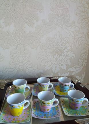 Красочный кофейный набор. 6 блюдец и 6 чашечек.1 фото