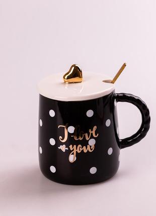 Чашка керамическая 400 мл love с крышкой и ложкой черный dm-11