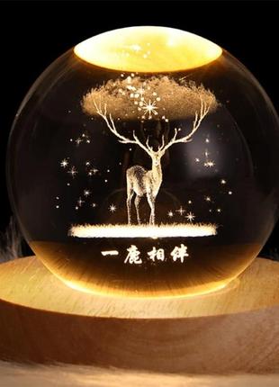 Декоративный 3d ночник от power bank/ usb хрустальный шар животное олень