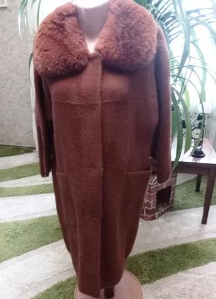 Пальто натуральная альпака с натур.мехом (отстегивается) - терракотовый цвет (кирпич) р. 44 -  46