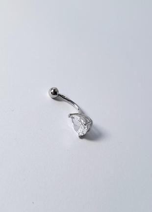 Серебряный пирсинг в пупок капля с белым камнем  серебро 925 пробы родированное 65110р 1.90г4 фото
