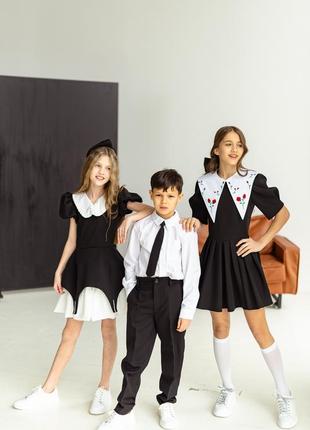 Платье детское, подростковое, школьное, нарядное, с белым воротником, черное9 фото