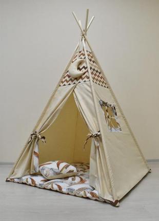 Палатка вігвам дитяча з пірʼям, повний комплект, підвіска зверху у подарунок