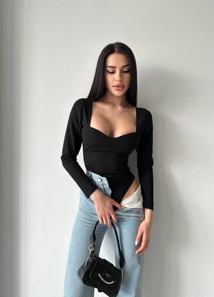 Боди декольте корсет пуш ап чашки водолазка лонгслив рубчик облегающий облегающий кофта длинный топ длинный рукав вырез джемпер по фигуре4 фото