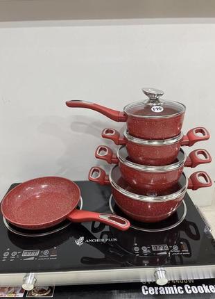 Набір посуду зі сковородою граніт круглий (9 предметів) нк-313 червоний1 фото
