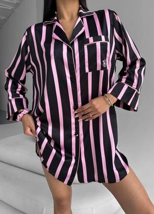 Домашняя рубашка victoria's secret шёлк сатин чёрно-розовый