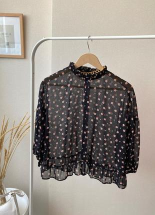 Primark черная легкая блуза оверсайз шифоновая в цветочный принт