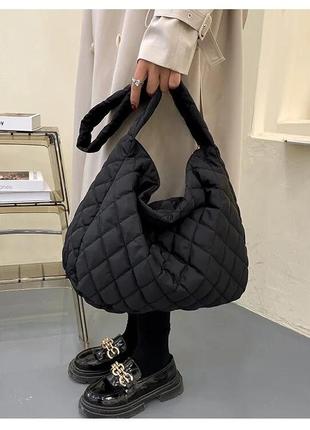 Тренд стьобана велика чорна нейлонова балоньова жіноча сумка шопер через плече кросбоді1 фото