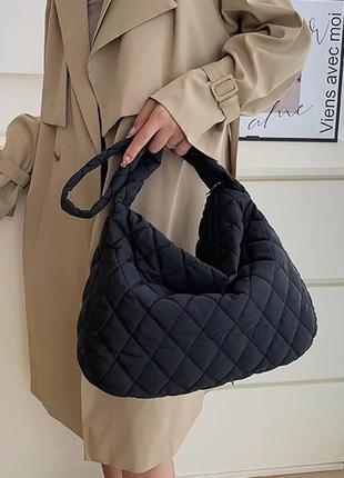 Тренд стьобана велика чорна нейлонова балоньова жіноча сумка шопер через плече кросбоді3 фото