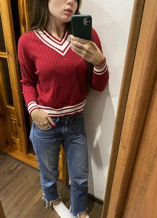 Свитер в рубчик тёплый с шерстью джемпер красный