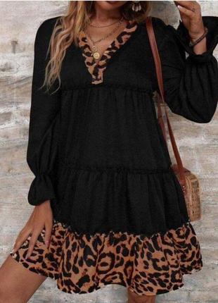 Черное леопардовое женское платье мини женская короткое повседневное платье лео с леопардовым принтом
