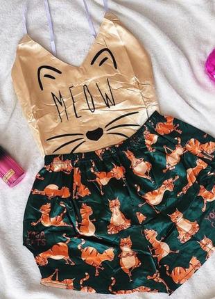 💖 женская сексуальная пижама атласная пижама meow пижамка майка шорты котик