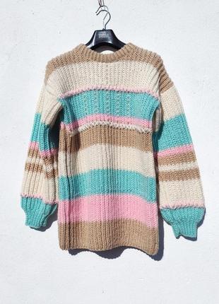 Тёплый яркий вязаный вручную свитер в полоску с шерстью