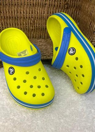 Детские кроксы сабо crocs crocband kids clog tennis ball green/ocean желтые1 фото