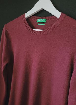 Вовняний джемпер benetton 100% вовна пуловер реглан светр італія оверсайз бургунді марсала вишневий винний бордовий класика однотонний червоний3 фото