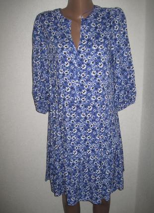 Голубое вискозное платье с оборкой папайа р-р12 цветочный принт