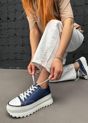 Кеды женские кожаные, натуральная кожа и текстиль, синие джинс с белой подошвой3 фото