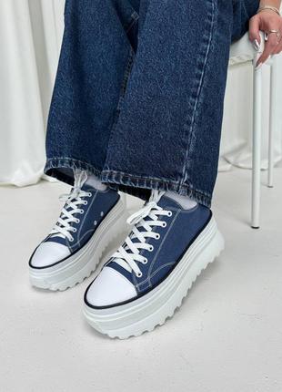 Кеды женские кожаные, натуральная кожа и текстиль, синие джинс с белой подошвой2 фото