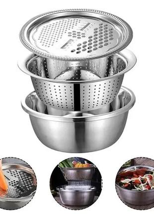 Багатофункціональний кухонний набір із неіржавкої сталі 3 в 1 metal basket cutter миска друшляк і тертка1 фото