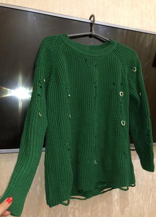 Зелёный вязаный свитер1 фото