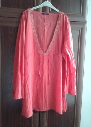 Хлопковая батистовая красная пляжная блузка туника с кружевом george батал