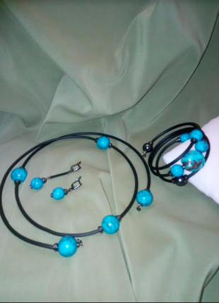 Стильный чокер колье ожерелье бусы браслет серьги бирюза натуральные камни набор1 фото
