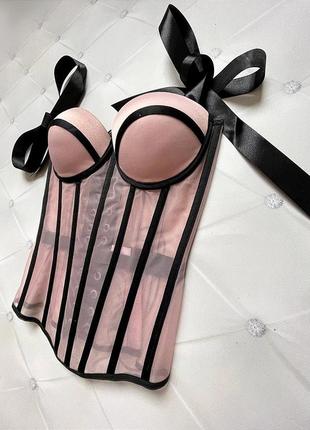 Женский корсет с чашечками, люкс корсет на одежду или на тело, роскошный корсет на лентах-завязках розовый6 фото