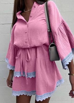 Коротка літня сукня з мереживом. тканина муслін. колір: чорний, рожевий , джинс