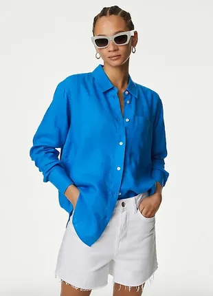 Хлопковая голубая рубашка базовая большого размера оверсайз m&amp;s
