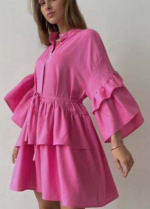 Коротка ліиня сукня з поясом, з льону. розмір: 42-44, 46-48
тканина: льон. колір: чорний, рожевий , малина, блакитний1 фото