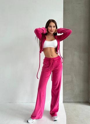 Гарненький велюровий костюм вкорочена зіп худі на блискавці і широкі штани вільного крою стильний комплект