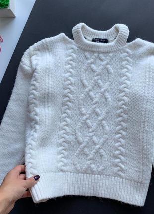 👚стильный белый свитер с чокером/молочный тёплый вязаный свитер осень-зима с плетением👚5 фото