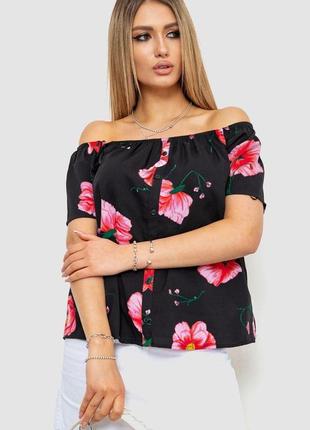 Блуза з квітковим принтом, колір чорно-рожевий, 244r088