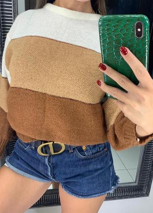 👚роскошный коричневый тёплый свитер шерсть/полосатый шерстяной вязаный свитер осень-зима👚