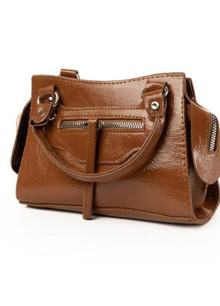 Сумка женская лаковая, вместительная стильная сумочка на молнии, коричневый2 фото