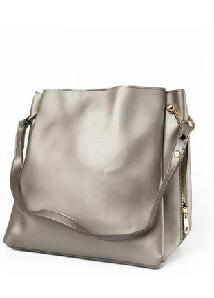 Сумка жіноча через плече містка стильна зі штучної шкіри з бічними блискавками, стальний