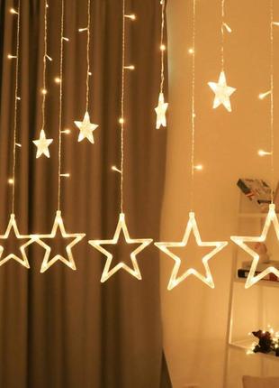Светодиодная гирлянда штора звезды "star curtain 12-ww" 4 м 120 led, новогодняя гирлянда тёплый белый (st)1 фото