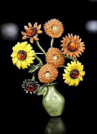 Брошка соняшники у вазі в стилі ван гога, квіти брош