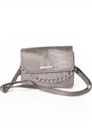 Сумка женская из искусственной кожи "под крокодила", с цепочкой и ремешком, маленькая сумочка клатч, серый1 фото