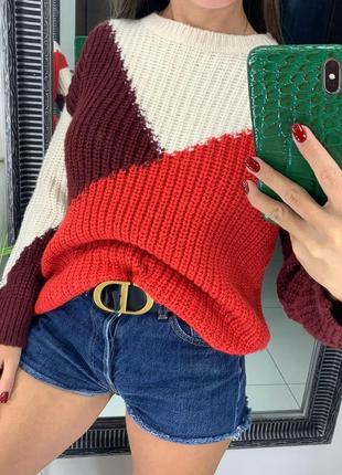👚замечательный бордово-красный мвитер/тёплый вязаный шерстяной свитер осень-зима👚