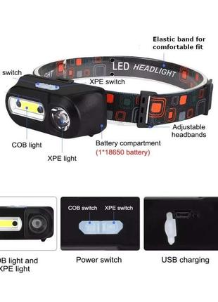 Налобний ліхтар акумуляторний bl-1804a cob+xpe, світлодіодний ліхтарик на голову чорний (налебний мілхтар) (st)2 фото