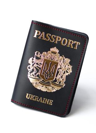 Шкіряна обкладинка для паспорта "passport+великий герб україни",чорна з позолотою+ червона нитка1 фото