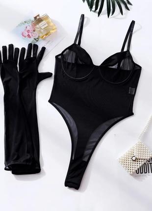 Комплект женского сексуального белья черный боди сетки стринги бикини из перчатки чокер5 фото