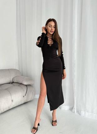 Платье женское длинное черное со шнуровкой7 фото