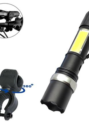 Светодиодный фонарик на аккумуляторе с cob x-balog bl w546 и держатель фонарика на велосипед kk 03 (st)