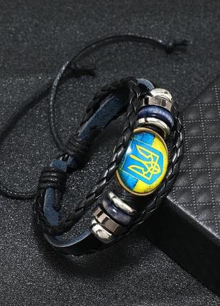 Патріотичний плетений браслет з екошкіри з гербом і прапором україни чорний, чоловічий браслет на руку (st)