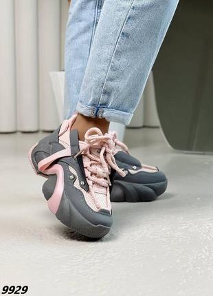 Женские кроссовки серые с розовым на утолщенной подошве4 фото