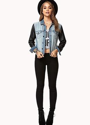 Forever 21, модный  котоновый, джинсовый, пиджак, кожаные рукава, одежда из сша, скидки