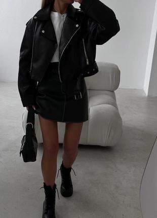 Укороченная черная куртка косуха / короткая кожаная кожаная куртка4 фото